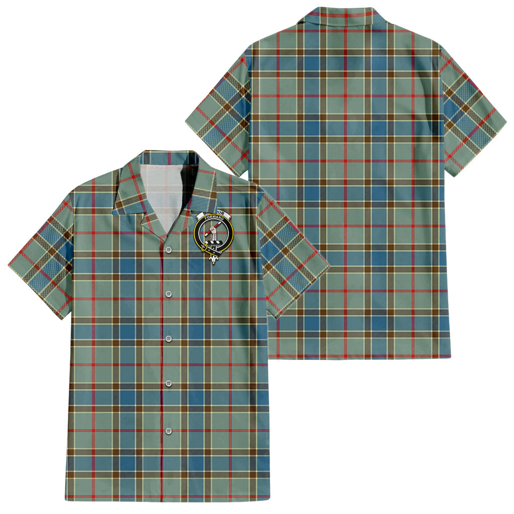 Balfour Blue Tartan Short Sleeve Button Down Shirt with Family Crest - Tartanvibesclothing