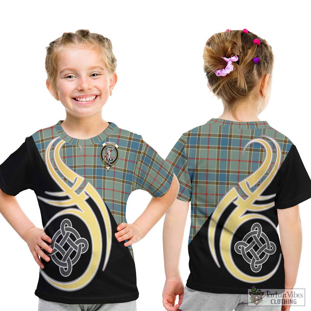 Balfour Blue Tartan Kid T-Shirt with Family Crest and Celtic Symbol Style - Tartan Vibes Clothing