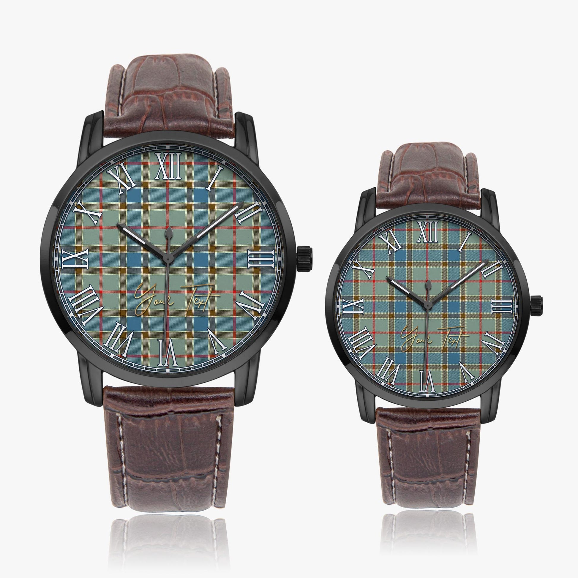 Balfour Blue Tartan Personalized Your Text Leather Trap Quartz Watch Wide Type Black Case With Brown Leather Strap - Tartanvibesclothing