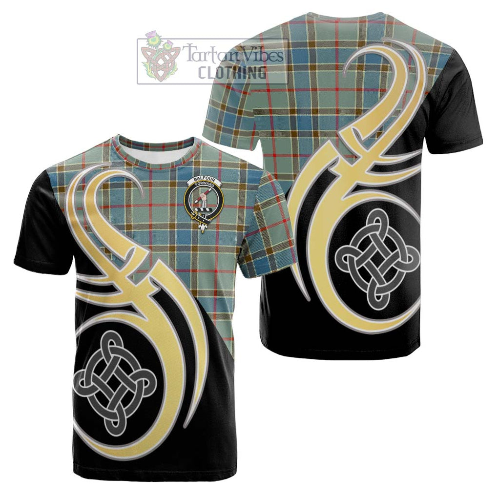 Tartan Vibes Clothing Balfour Blue Tartan Cotton T-shirt with Family Crest and Celtic Symbol Style