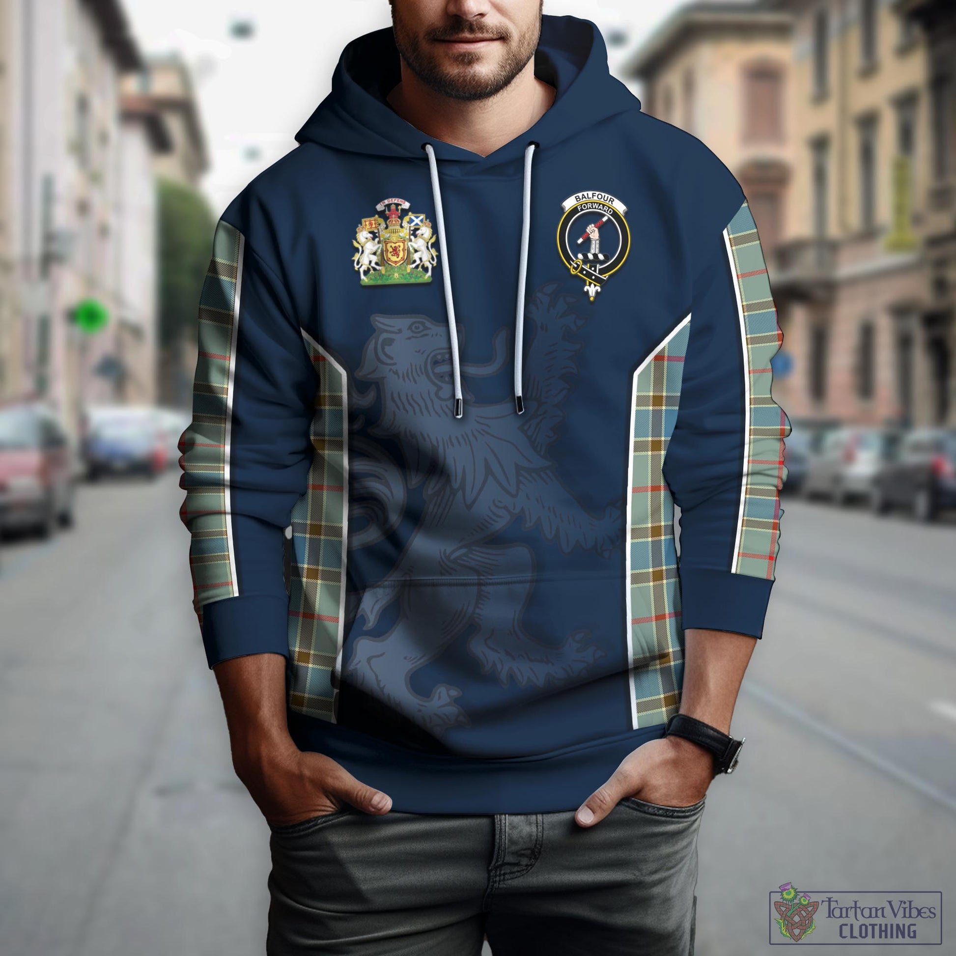 Tartan Vibes Clothing Balfour Blue Tartan Hoodie with Family Crest and Lion Rampant Vibes Sport Style