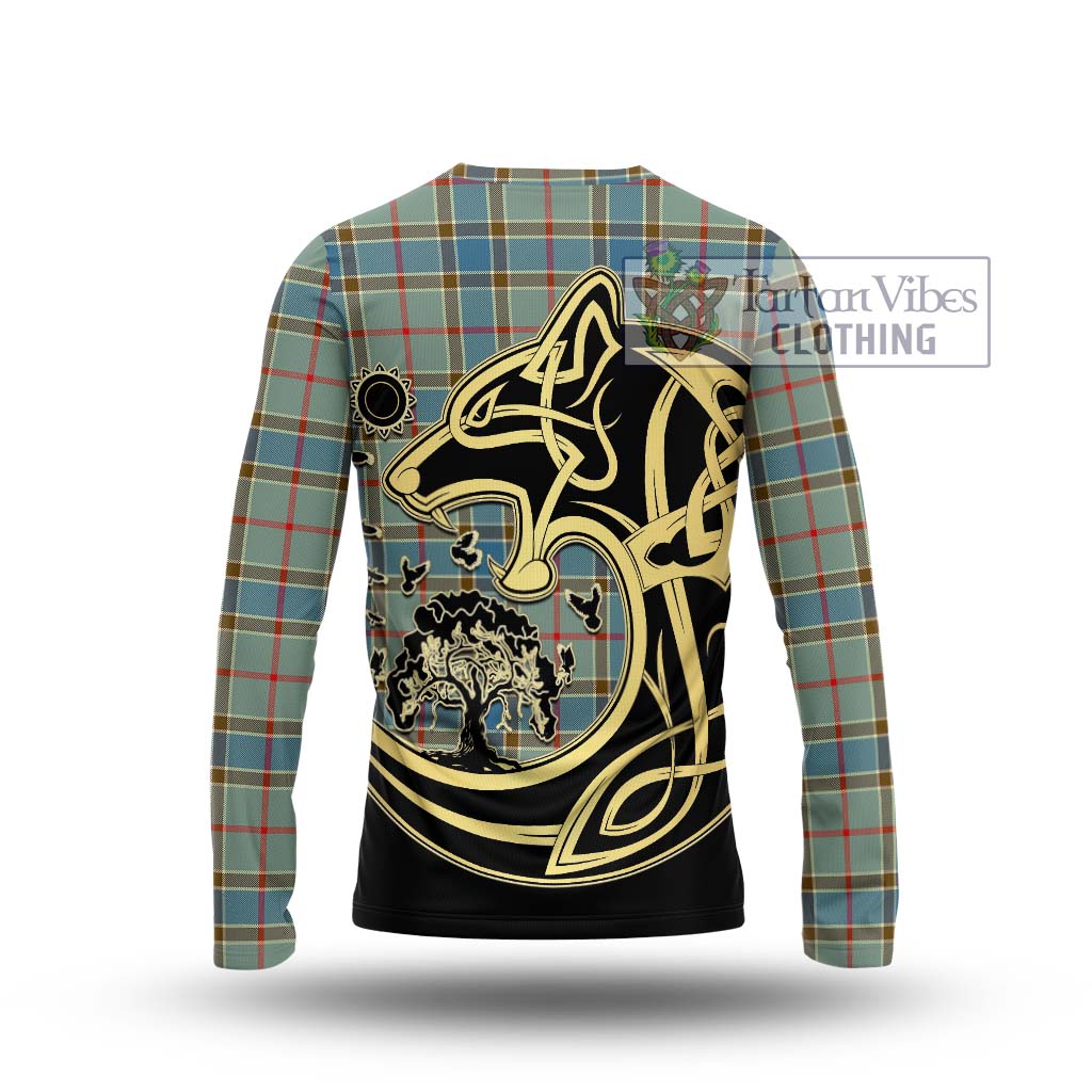 Tartan Vibes Clothing Balfour Blue Tartan Long Sleeve T-Shirt with Family Crest Celtic Wolf Style