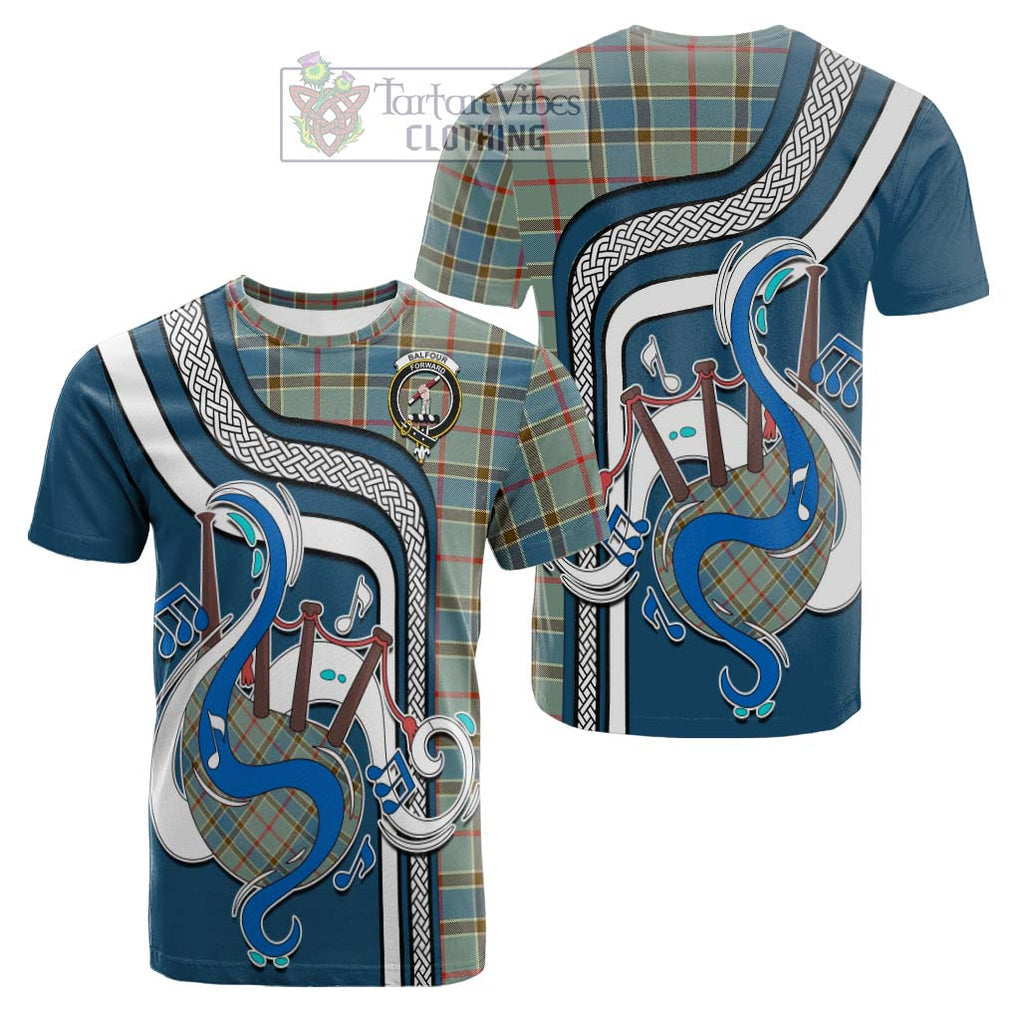 Tartan Vibes Clothing Balfour Blue Tartan Cotton T-shirt with Epic Bagpipe Style