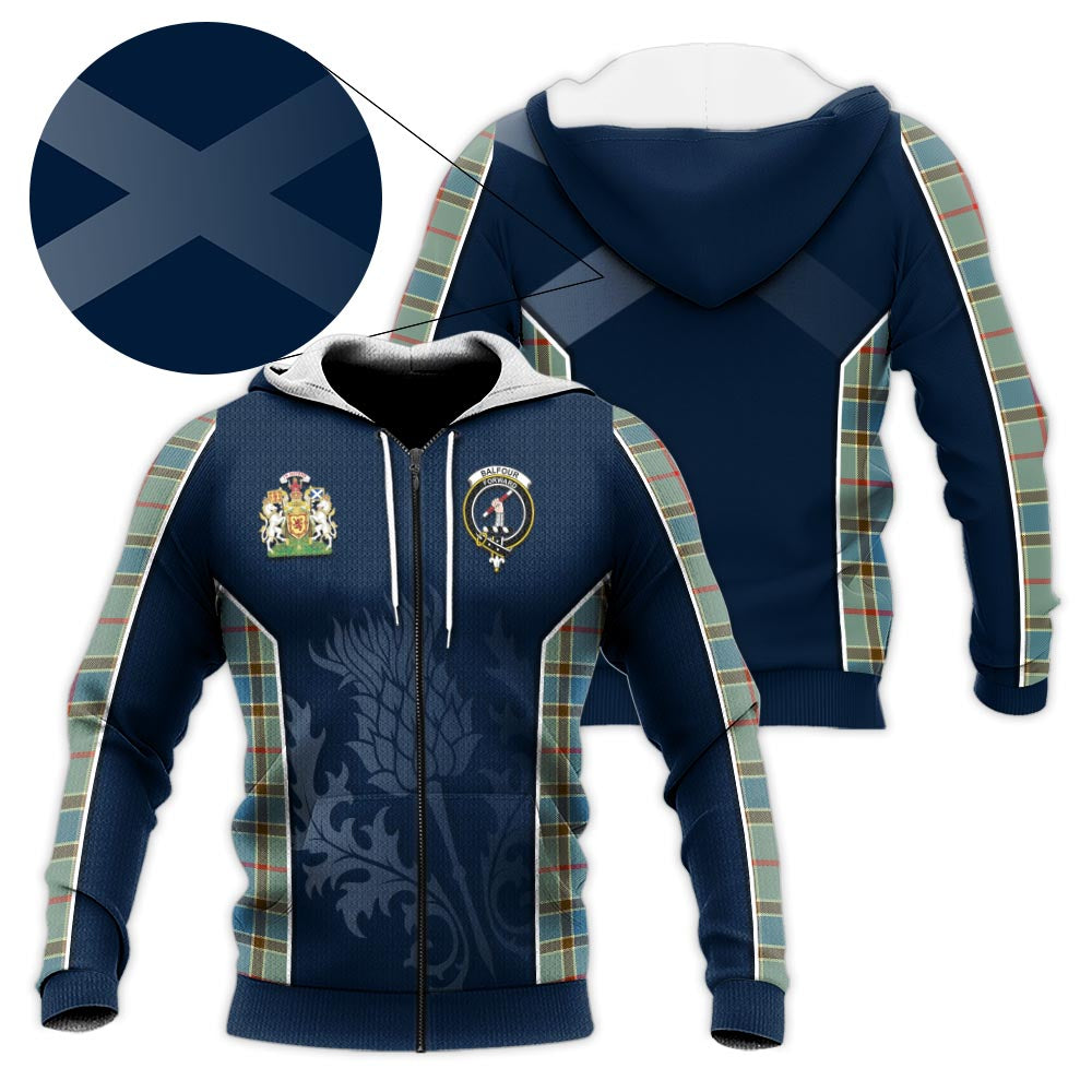 Tartan Vibes Clothing Balfour Blue Tartan Knitted Hoodie with Family Crest and Scottish Thistle Vibes Sport Style