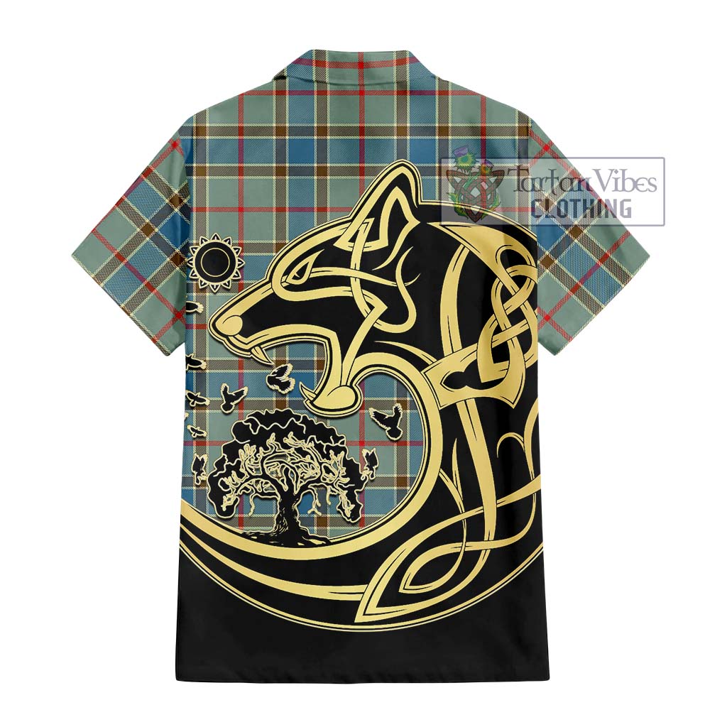 Tartan Vibes Clothing Balfour Blue Tartan Short Sleeve Button Shirt with Family Crest Celtic Wolf Style