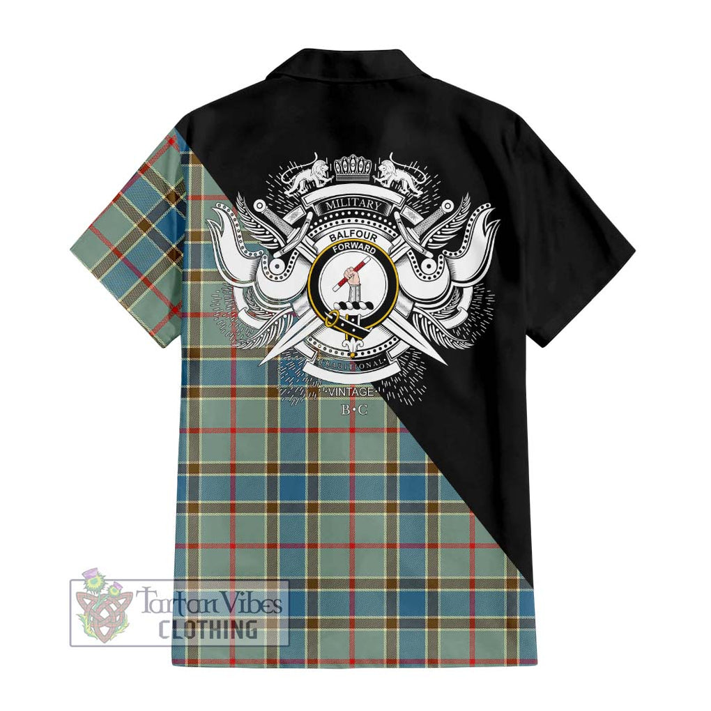 Balfour Blue Tartan Short Sleeve Button Shirt with Family Crest and Military Logo Style - Tartanvibesclothing Shop