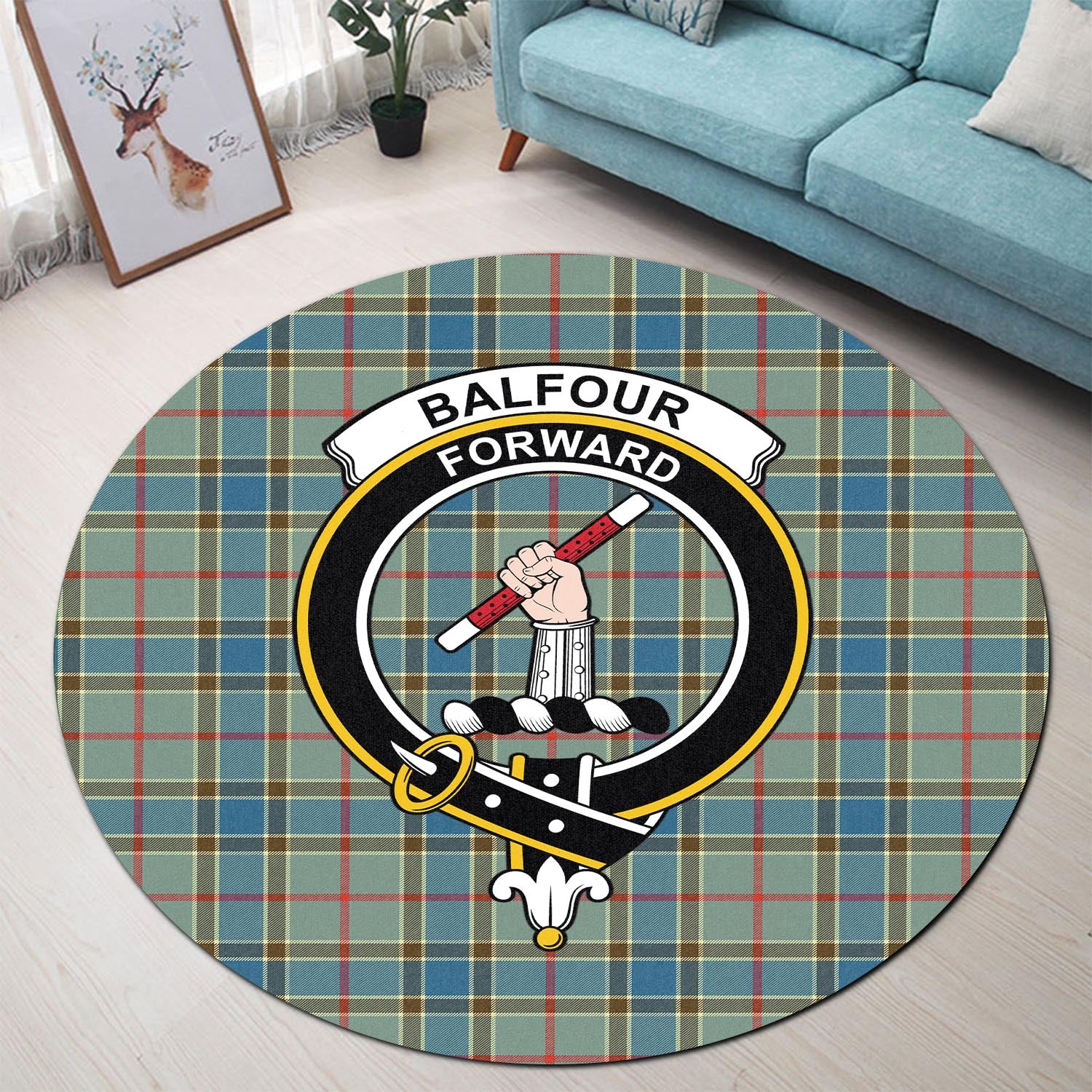 Balfour Blue Tartan Round Rug with Family Crest - Tartanvibesclothing