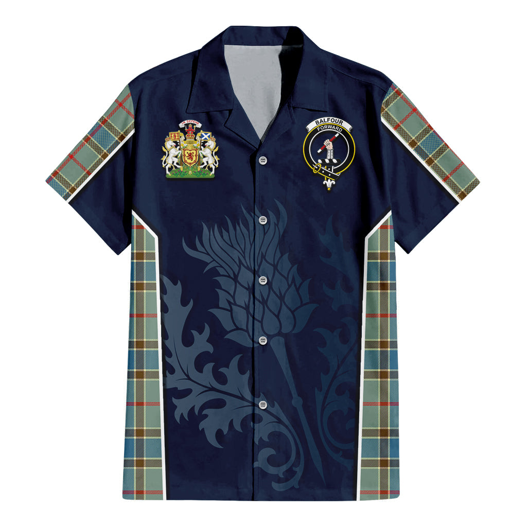 Tartan Vibes Clothing Balfour Blue Tartan Short Sleeve Button Up Shirt with Family Crest and Scottish Thistle Vibes Sport Style