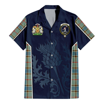 Balfour Blue Tartan Short Sleeve Button Up Shirt with Family Crest and Scottish Thistle Vibes Sport Style