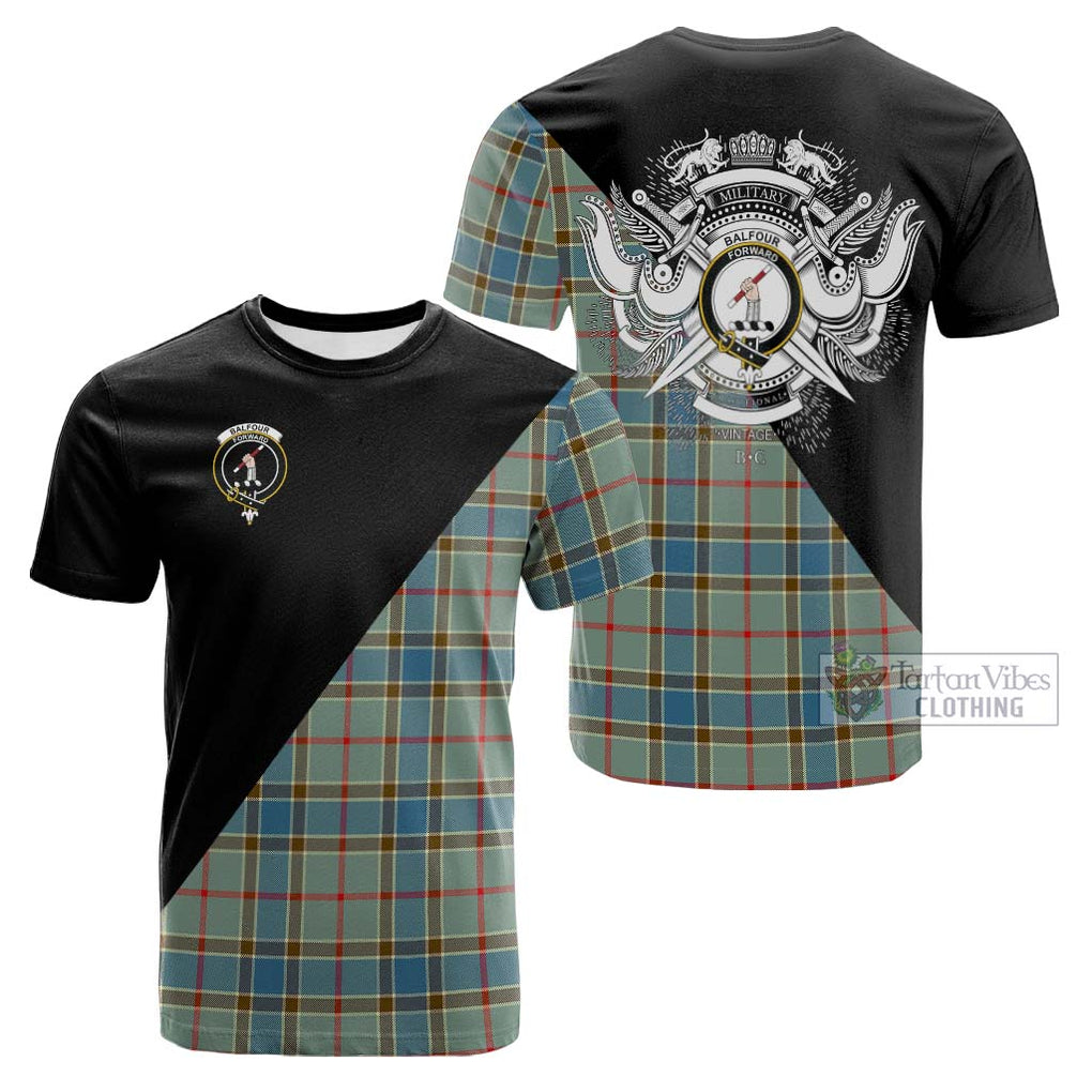 Tartan Vibes Clothing Balfour Blue Tartan Cotton T-shirt with Family Crest and Military Logo Style