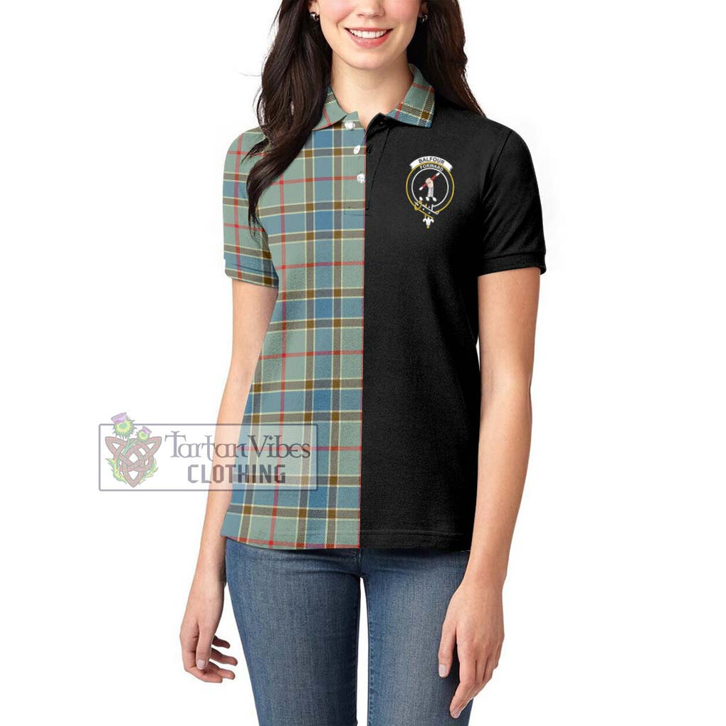 Balfour Blue Tartan Women's Polo Shirt with Family Crest and Half Of Me Style - Tartanvibesclothing Shop