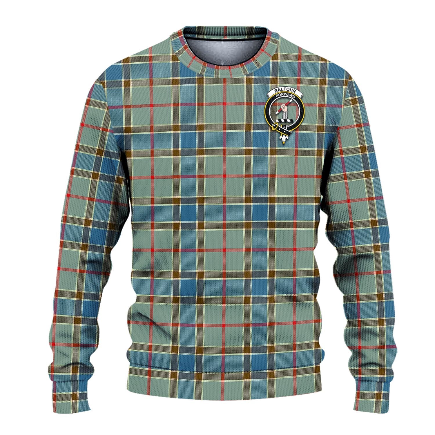 Balfour Blue Tartan Knitted Sweater with Family Crest - Tartanvibesclothing