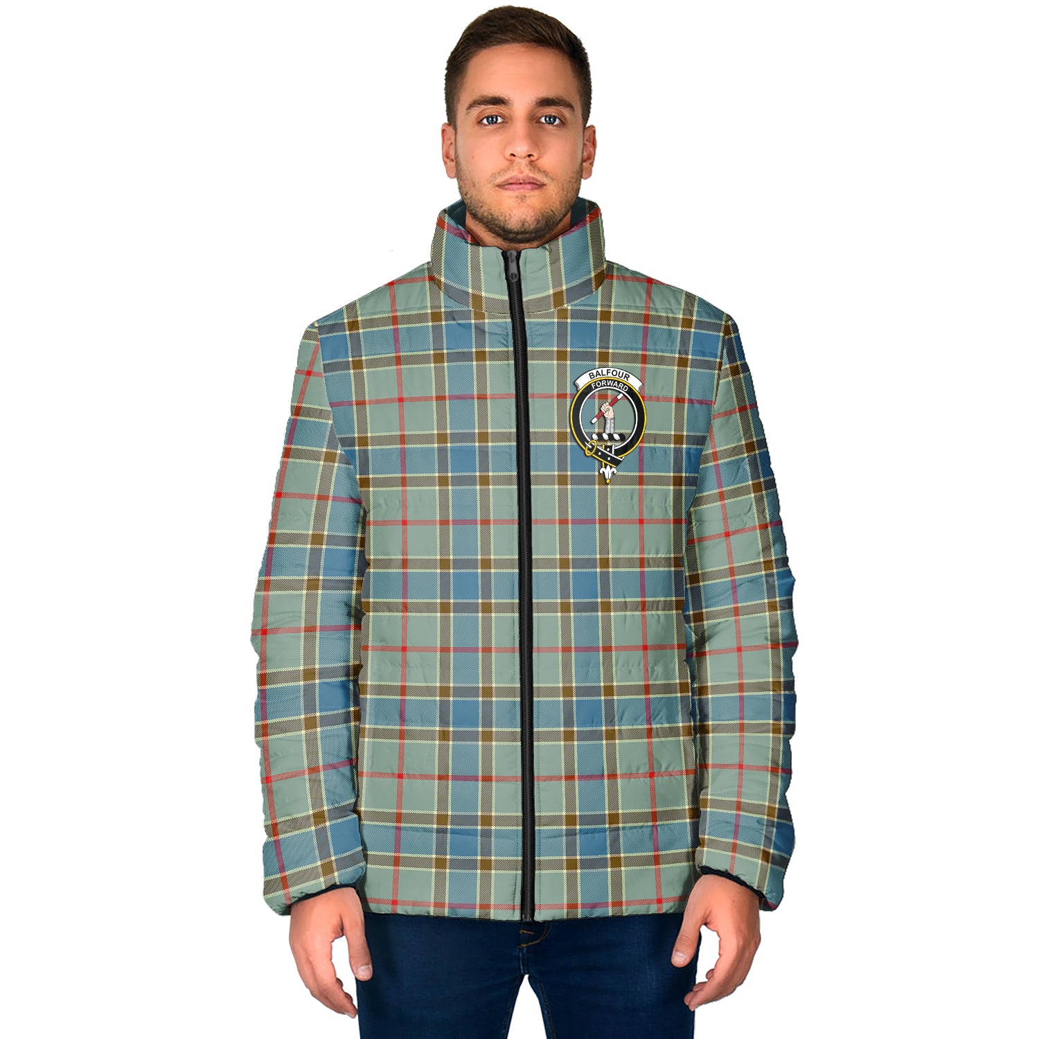 Balfour Blue Tartan Padded Jacket with Family Crest - Tartan Vibes Clothing