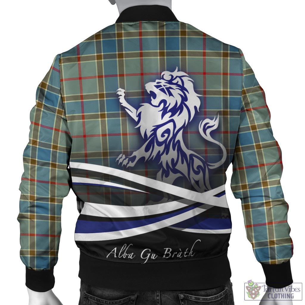 Tartan Vibes Clothing Balfour Blue Tartan Bomber Jacket with Alba Gu Brath Regal Lion Emblem