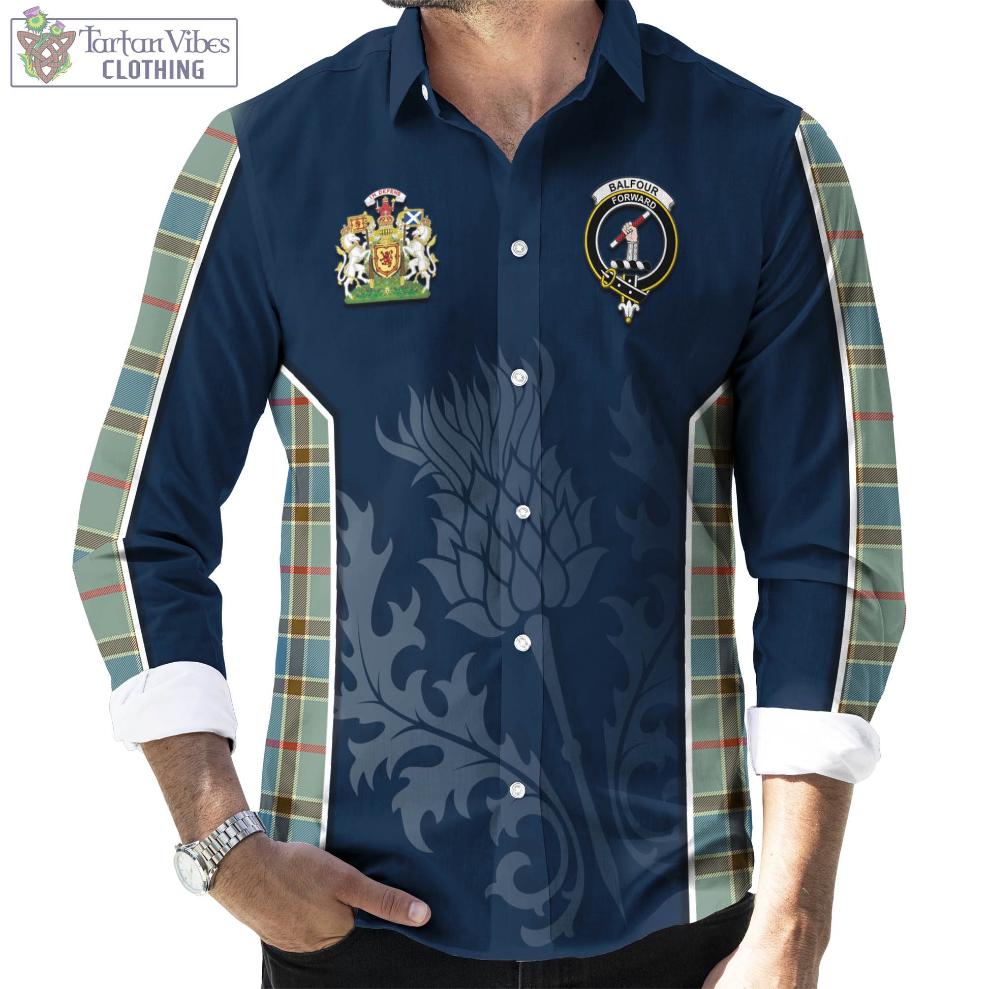 Tartan Vibes Clothing Balfour Blue Tartan Long Sleeve Button Up Shirt with Family Crest and Scottish Thistle Vibes Sport Style