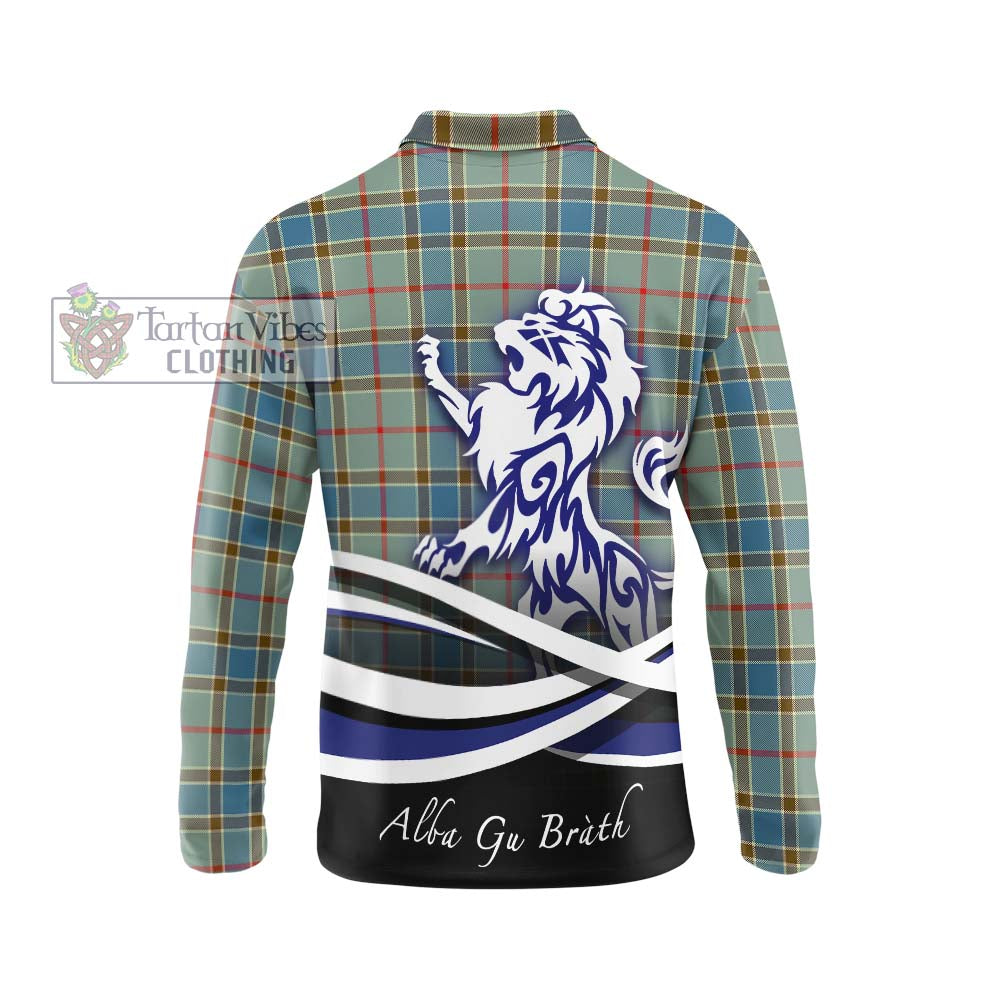 Tartan Vibes Clothing Balfour Blue Tartan Long Sleeve Polo Shirt with Alba Gu Brath Regal Lion Emblem