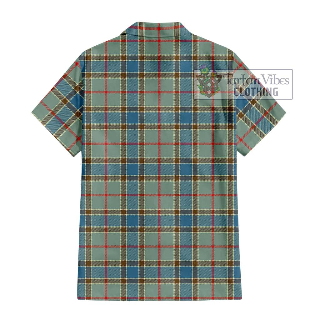 Tartan Vibes Clothing Balfour Blue Tartan Short Sleeve Button Shirt with Family Crest DNA In Me Style