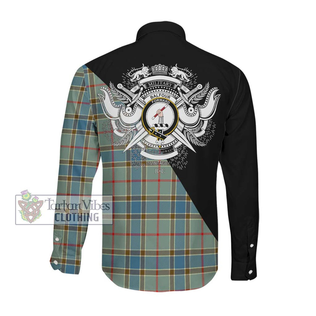 Balfour Blue Tartan Long Sleeve Button Shirt with Family Crest and Military Logo Style Men's Shirt - Tartanvibesclothing Shop