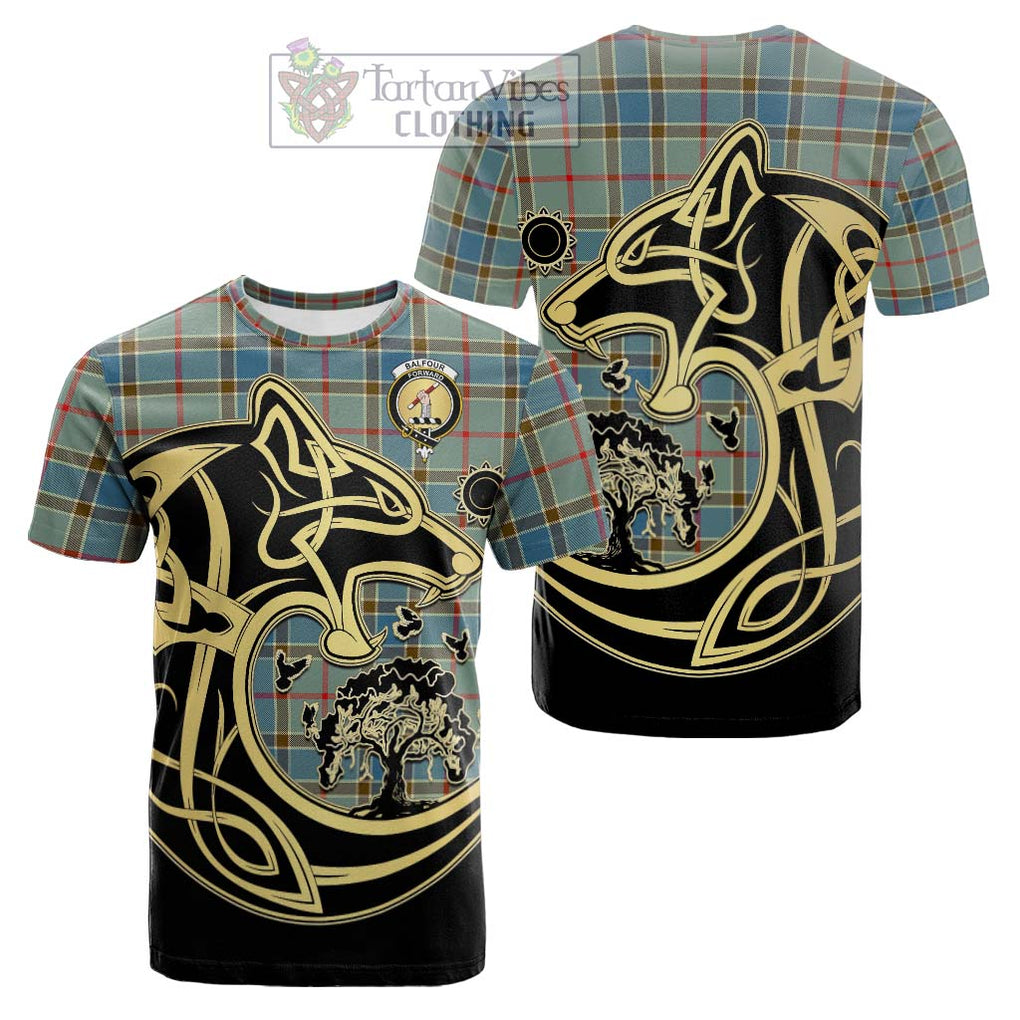 Tartan Vibes Clothing Balfour Blue Tartan Cotton T-shirt with Family Crest Celtic Wolf Style