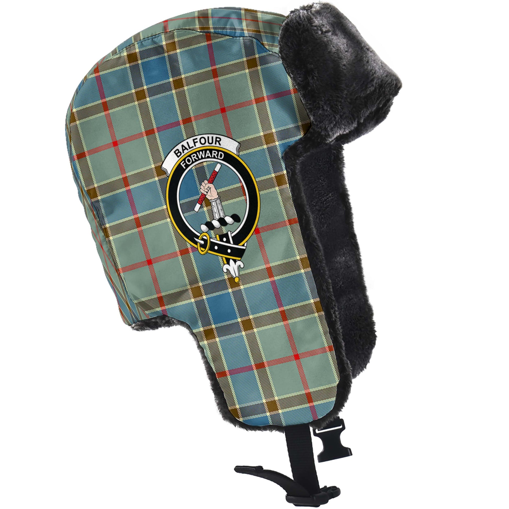 Balfour Blue Tartan Winter Trapper Hat with Family Crest - Tartanvibesclothing