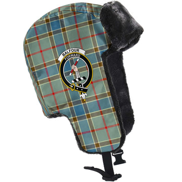 Balfour Blue Tartan Winter Trapper Hat with Family Crest