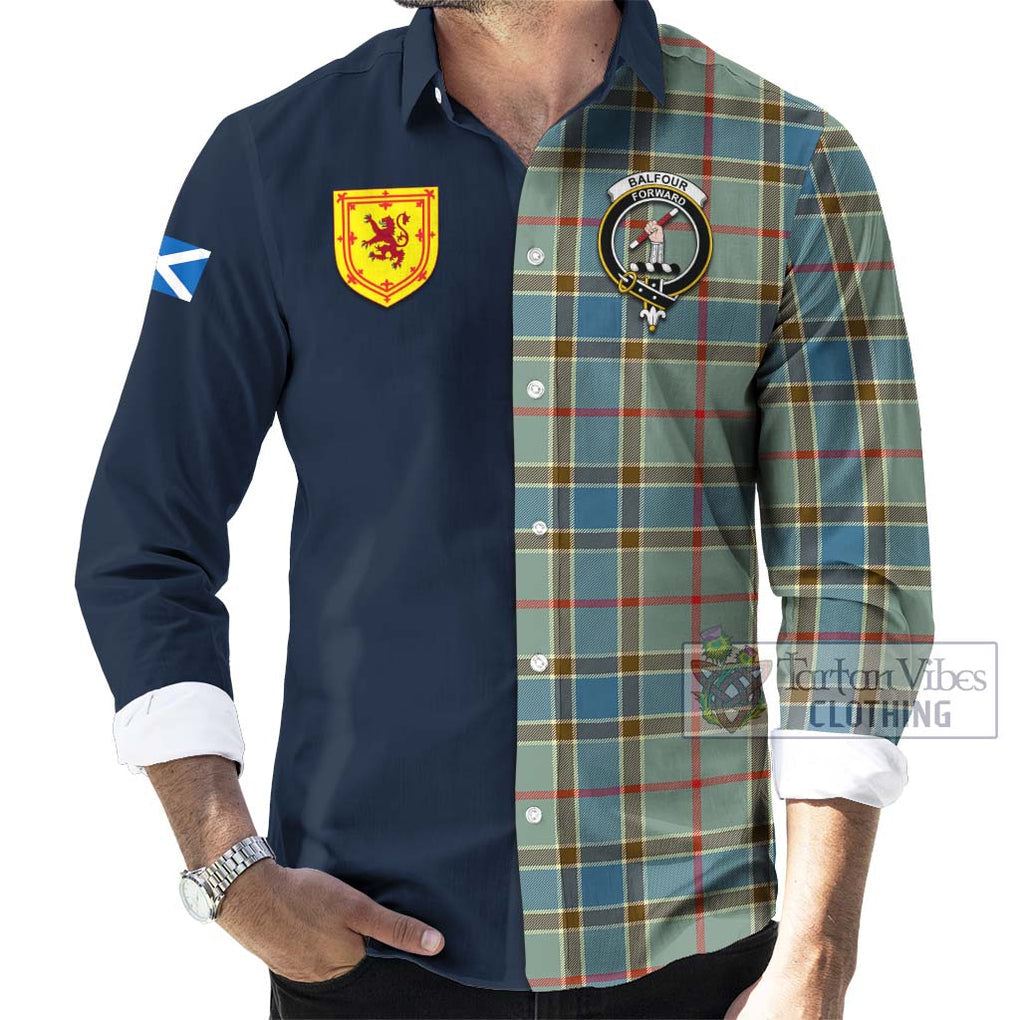 Tartan Vibes Clothing Balfour Blue Tartan Long Sleeve Button Shirt with Scottish Lion Royal Arm Half Style