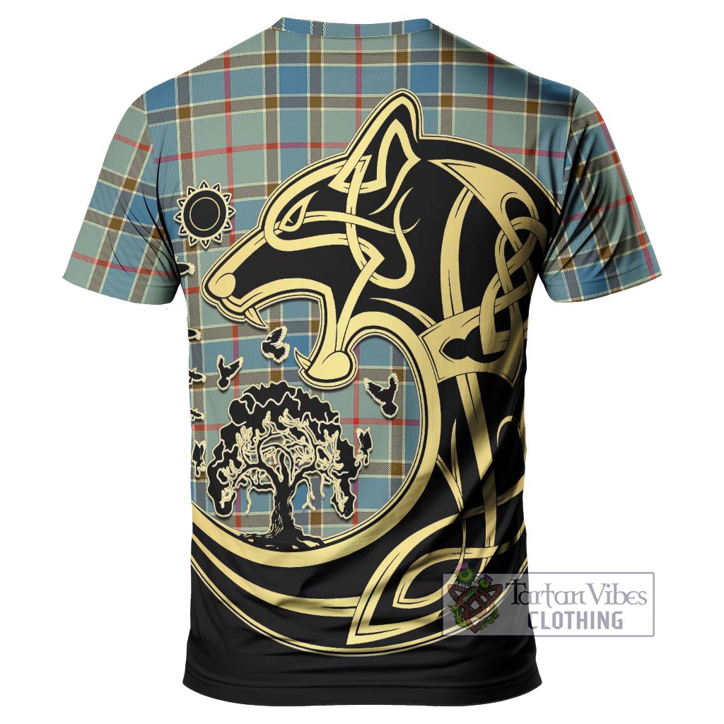 Tartan Vibes Clothing Balfour Blue Tartan T-Shirt with Family Crest Celtic Wolf Style