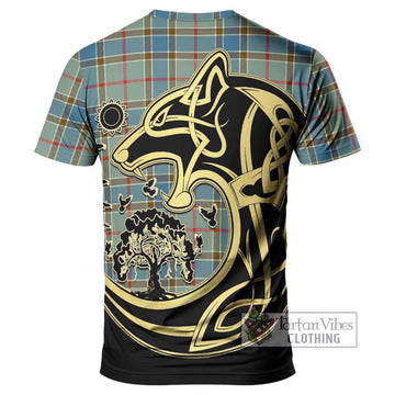 Balfour Blue Tartan T-Shirt with Family Crest Celtic Wolf Style