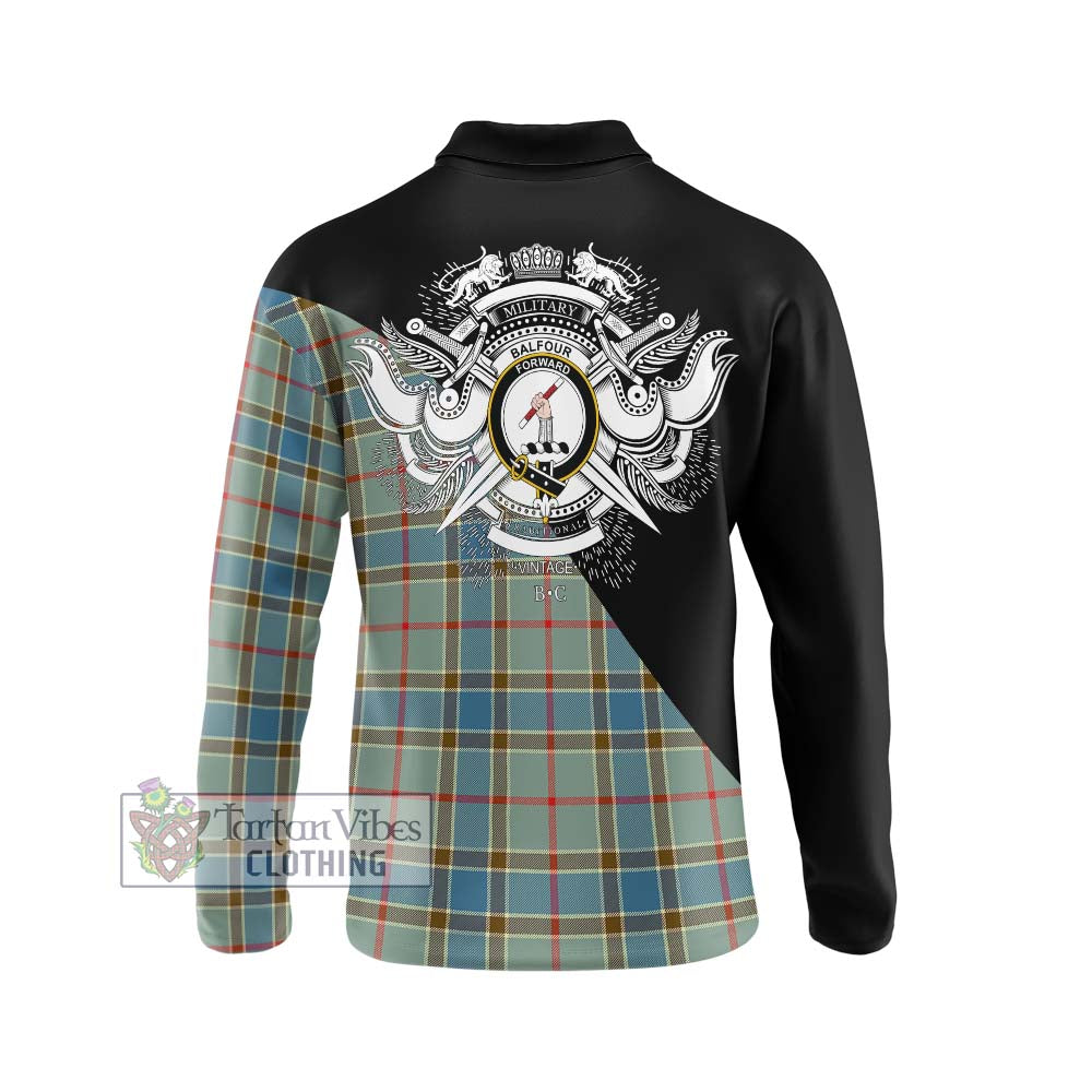 Balfour Blue Tartan Long Sleeve Polo Shirt with Family Crest and Military Logo Style - Tartanvibesclothing Shop