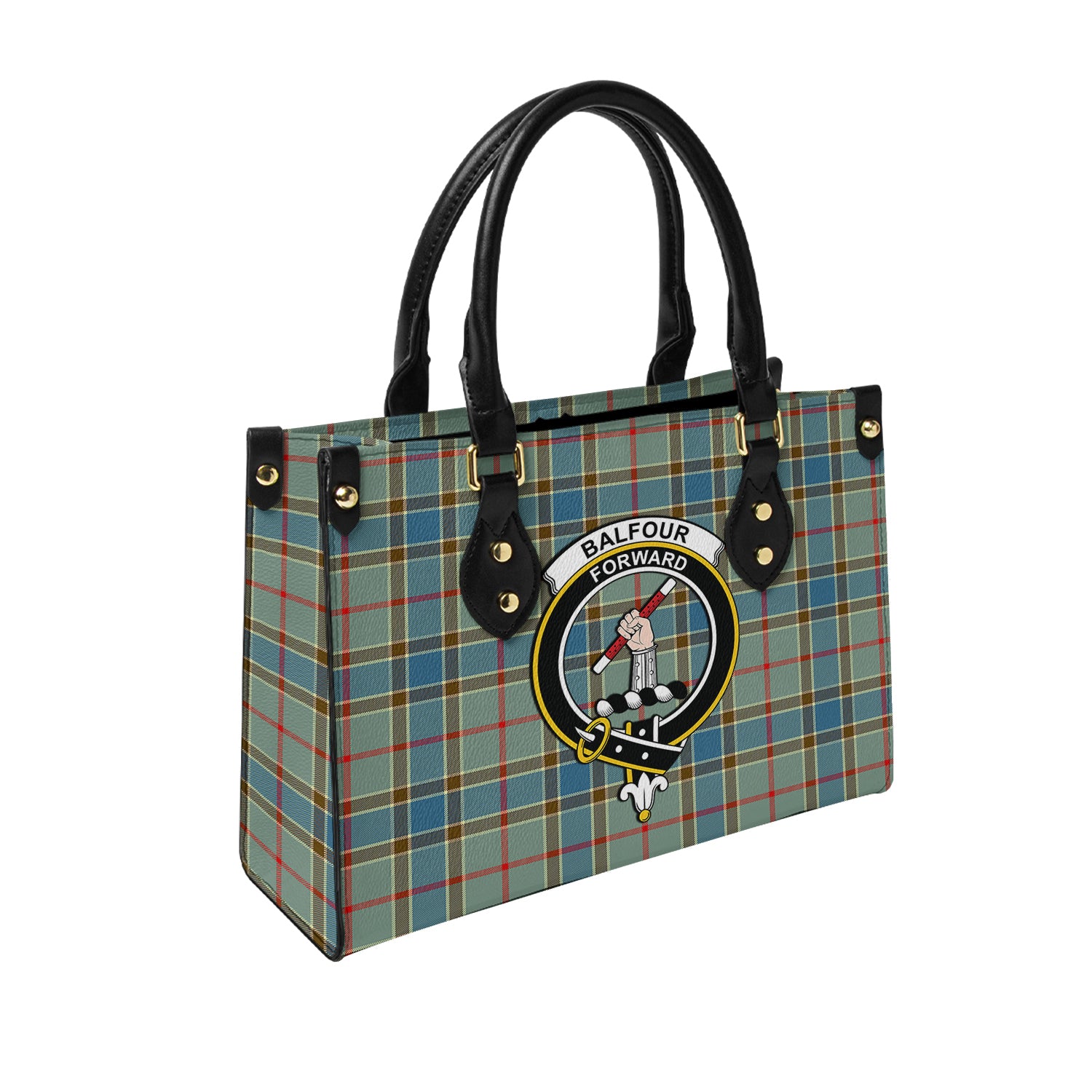 Balfour Blue Tartan Leather Bag with Family Crest - Tartanvibesclothing