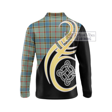 Balfour Blue Tartan Long Sleeve Polo Shirt with Family Crest and Celtic Symbol Style