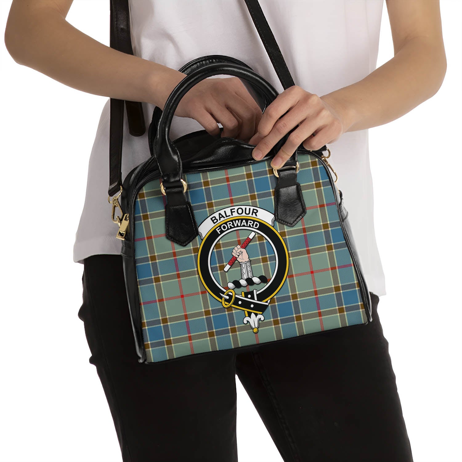 Balfour Blue Tartan Shoulder Handbags with Family Crest - Tartanvibesclothing