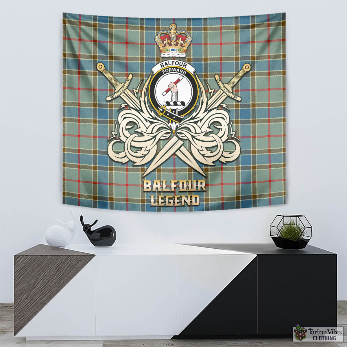 Tartan Vibes Clothing Balfour Blue Tartan Tapestry with Clan Crest and the Golden Sword of Courageous Legacy