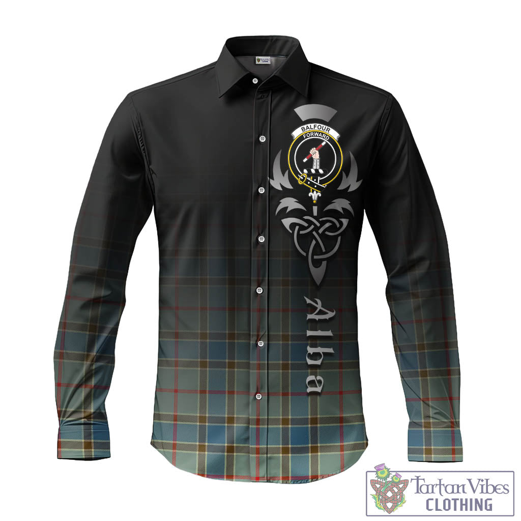 Tartan Vibes Clothing Balfour Blue Tartan Long Sleeve Button Up Featuring Alba Gu Brath Family Crest Celtic Inspired