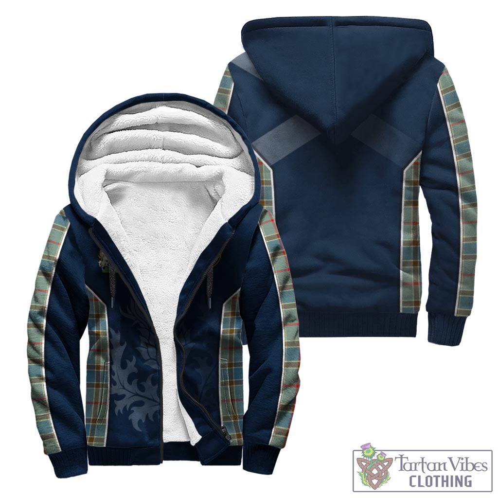 Tartan Vibes Clothing Balfour Blue Tartan Sherpa Hoodie with Family Crest and Scottish Thistle Vibes Sport Style