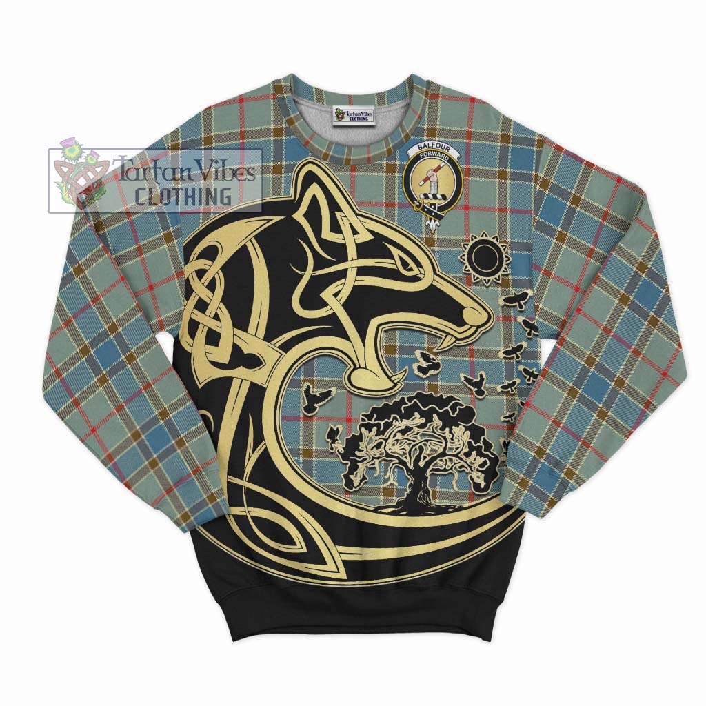 Tartan Vibes Clothing Balfour Blue Tartan Sweatshirt with Family Crest Celtic Wolf Style