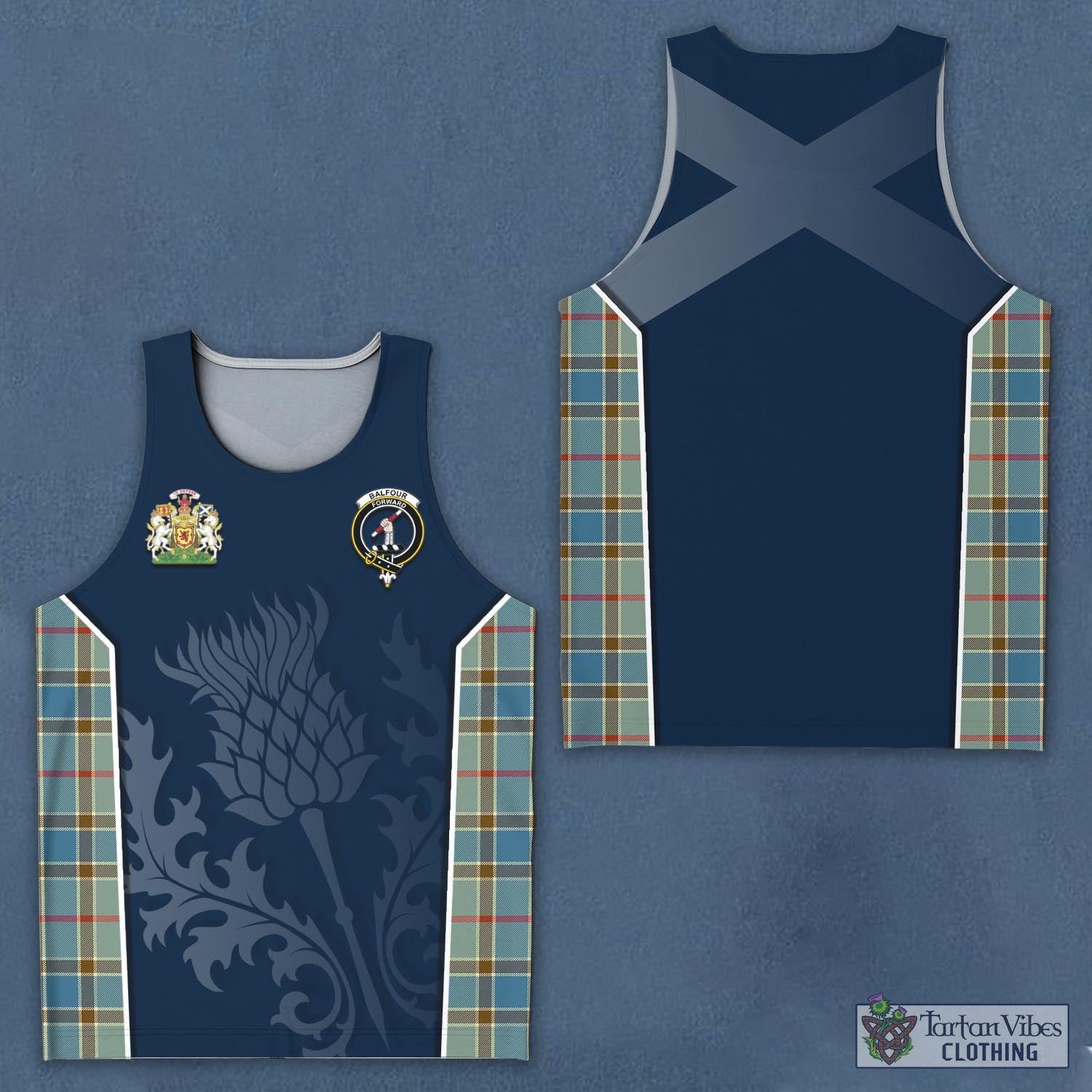 Tartan Vibes Clothing Balfour Blue Tartan Men's Tanks Top with Family Crest and Scottish Thistle Vibes Sport Style