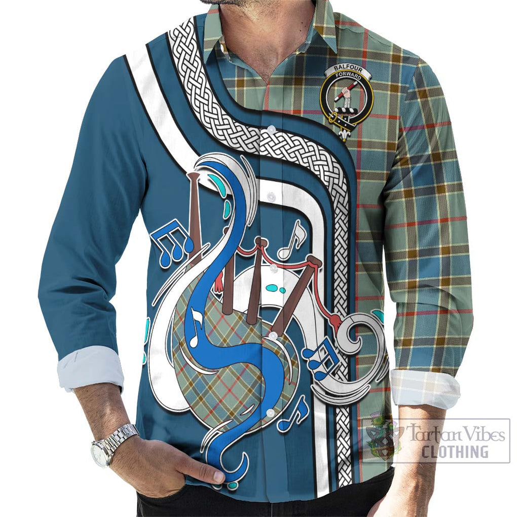 Balfour Blue Tartan Long Sleeve Button Shirt with Epic Bagpipe Style - Tartanvibesclothing Shop