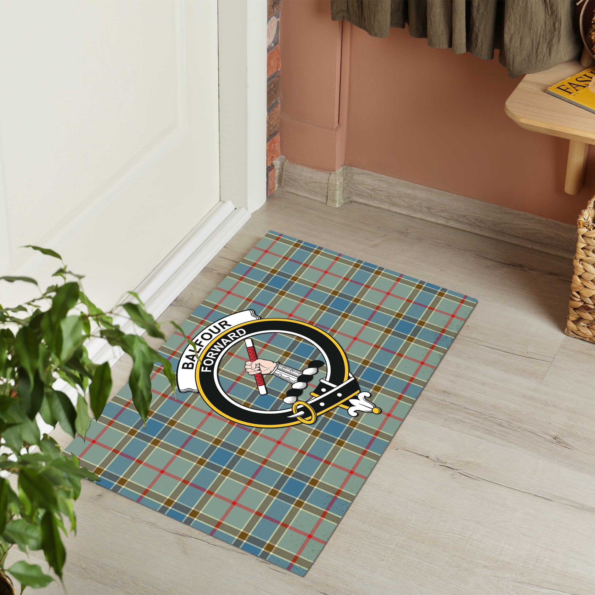 Balfour Blue Tartan Door Mat with Family Crest - Tartanvibesclothing