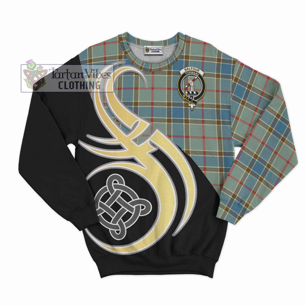 Tartan Vibes Clothing Balfour Blue Tartan Sweatshirt with Family Crest and Celtic Symbol Style