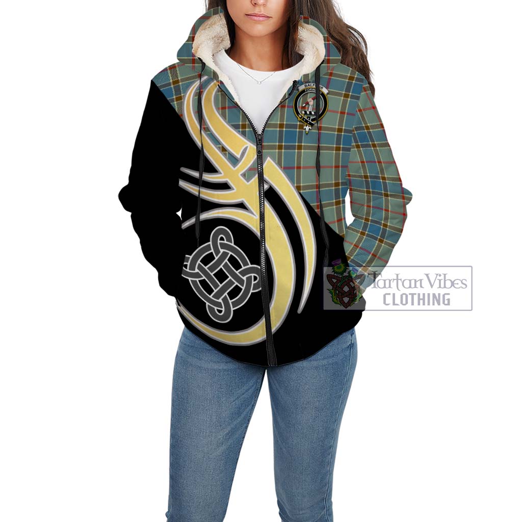 Balfour Blue Tartan Sherpa Hoodie with Family Crest and Celtic Symbol Style Unisex - Tartan Vibes Clothing