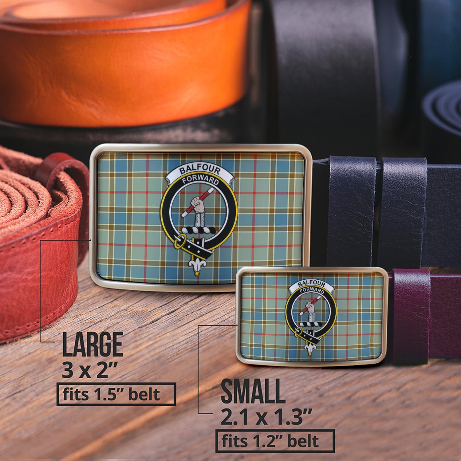 Balfour Blue Tartan Belt Buckles with Family Crest - Tartanvibesclothing