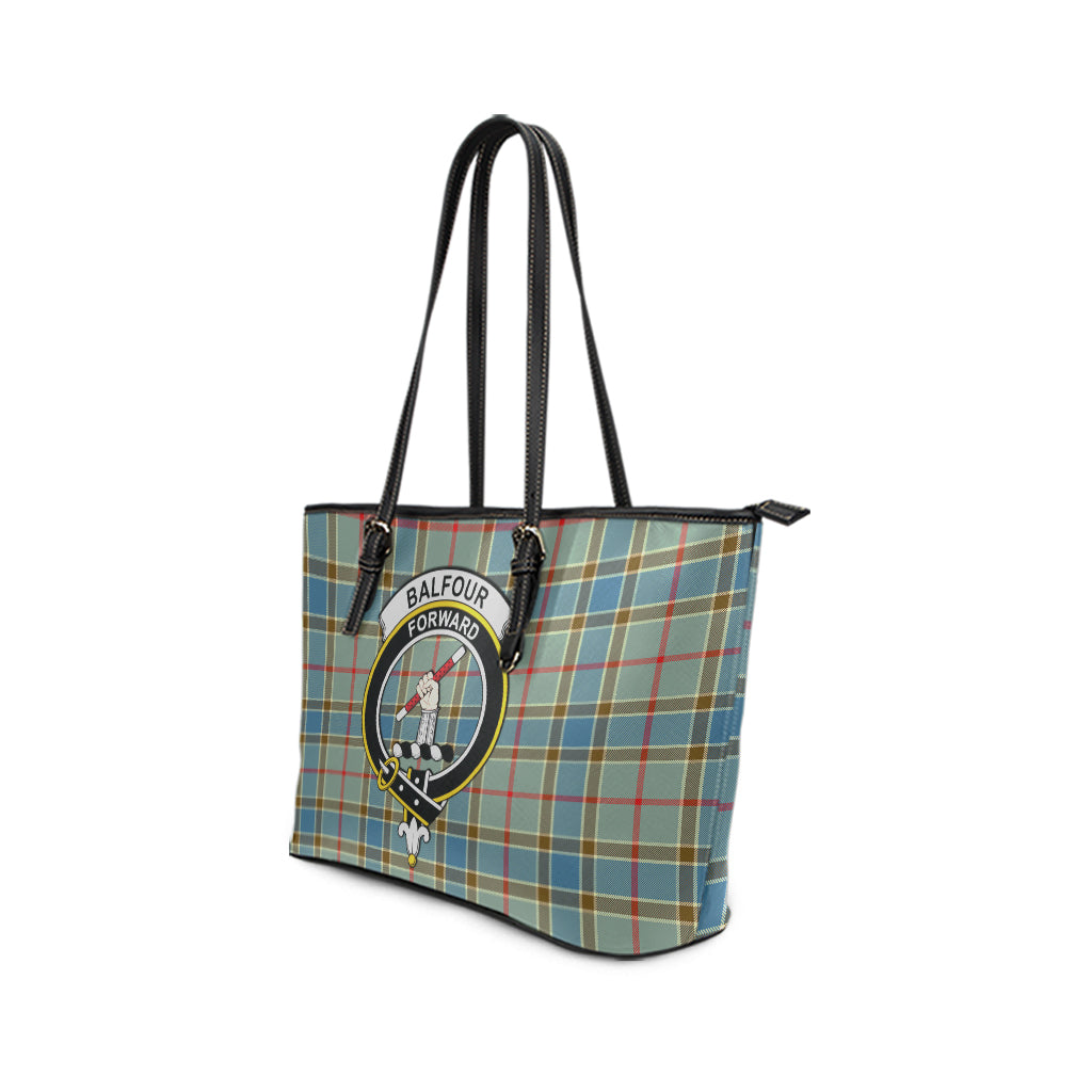 Balfour Blue Tartan Leather Tote Bag with Family Crest - Tartanvibesclothing