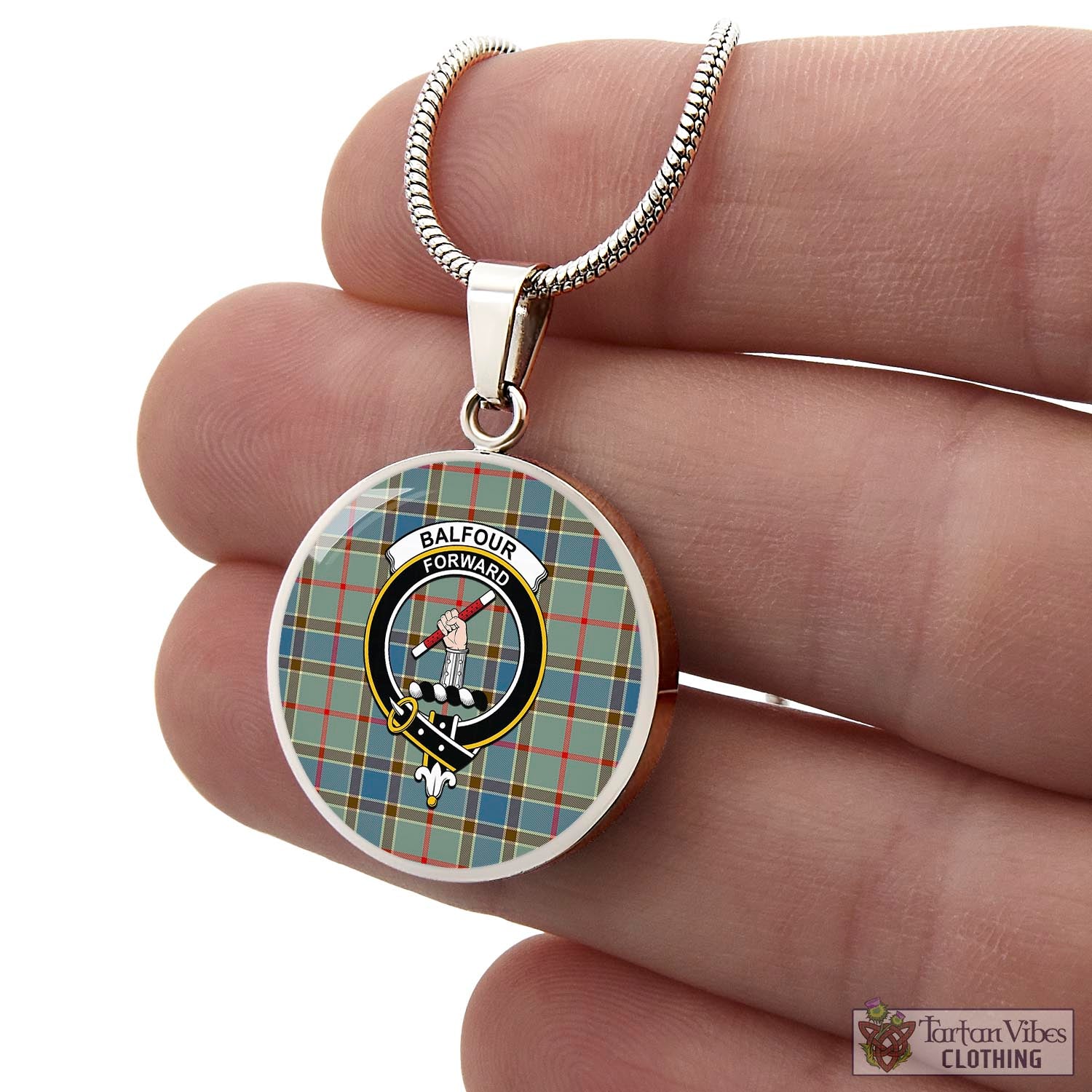 Tartan Vibes Clothing Balfour Blue Tartan Circle Necklace with Family Crest