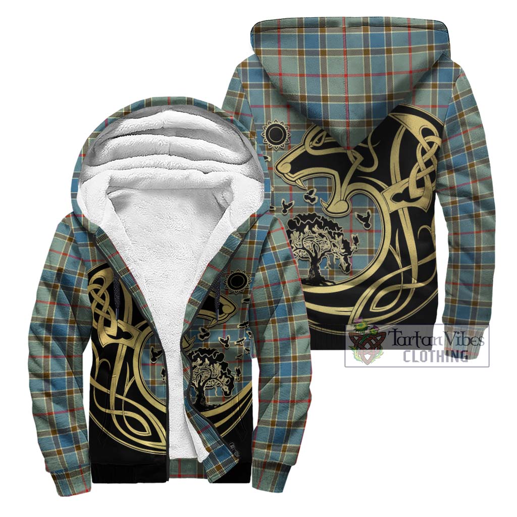 Tartan Vibes Clothing Balfour Blue Tartan Sherpa Hoodie with Family Crest Celtic Wolf Style
