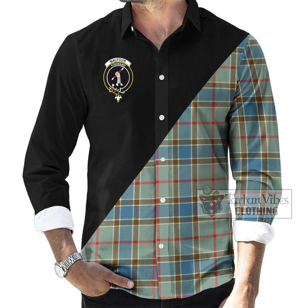 Balfour Blue Tartan Long Sleeve Button Shirt with Family Crest and Military Logo Style - Tartanvibesclothing Shop