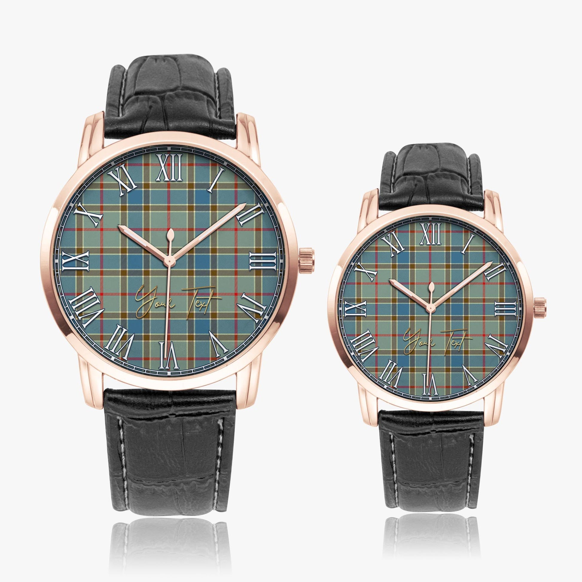 Balfour Blue Tartan Personalized Your Text Leather Trap Quartz Watch Wide Type Rose Gold Case With Black Leather Strap - Tartanvibesclothing