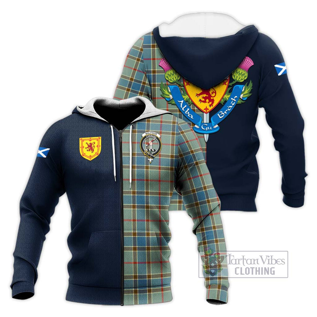 Tartan Vibes Clothing Balfour Blue Tartan Knitted Hoodie with Scottish Lion Royal Arm Half Style