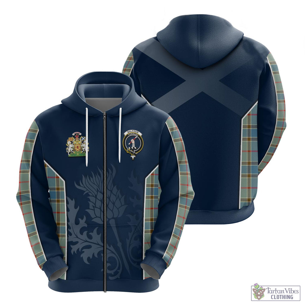 Tartan Vibes Clothing Balfour Blue Tartan Hoodie with Family Crest and Scottish Thistle Vibes Sport Style