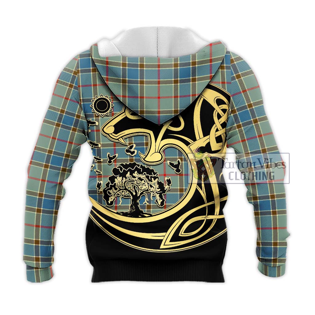 Tartan Vibes Clothing Balfour Blue Tartan Knitted Hoodie with Family Crest Celtic Wolf Style